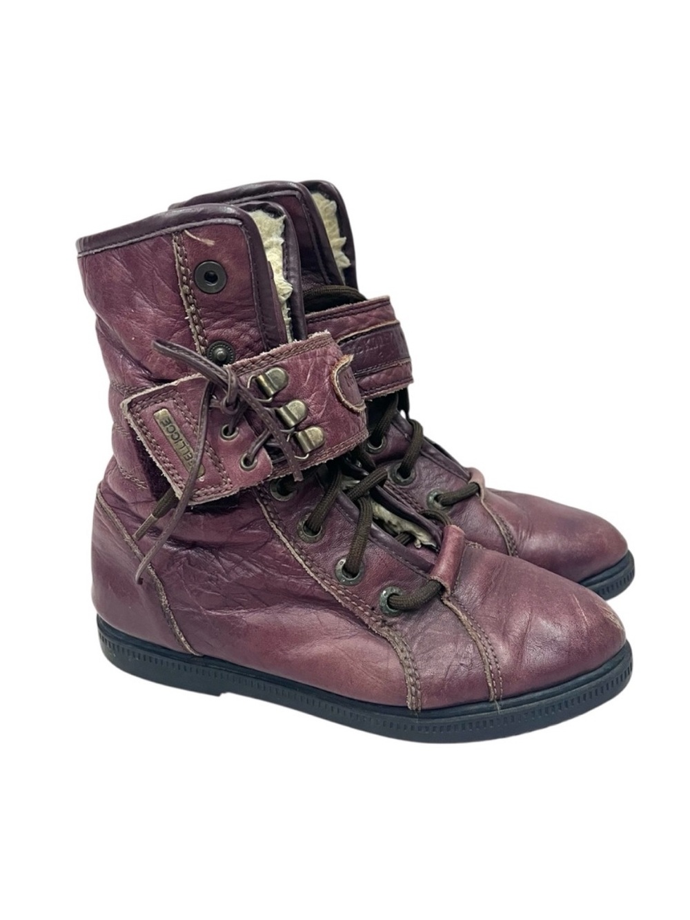 Vintage Paolo Fellicce Red Brown Leather Lace Up Sherpa Lined Ankle Combat Boots